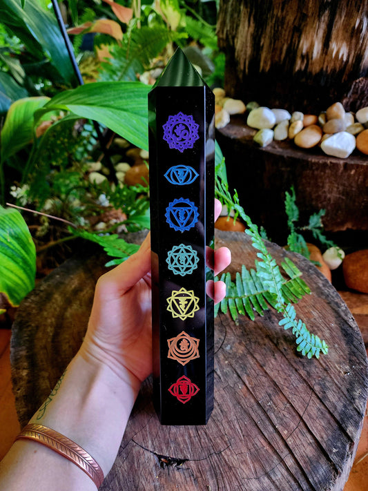 Crystals Large Black Obsidian Etched Chakra Tower Point 26cm Australia