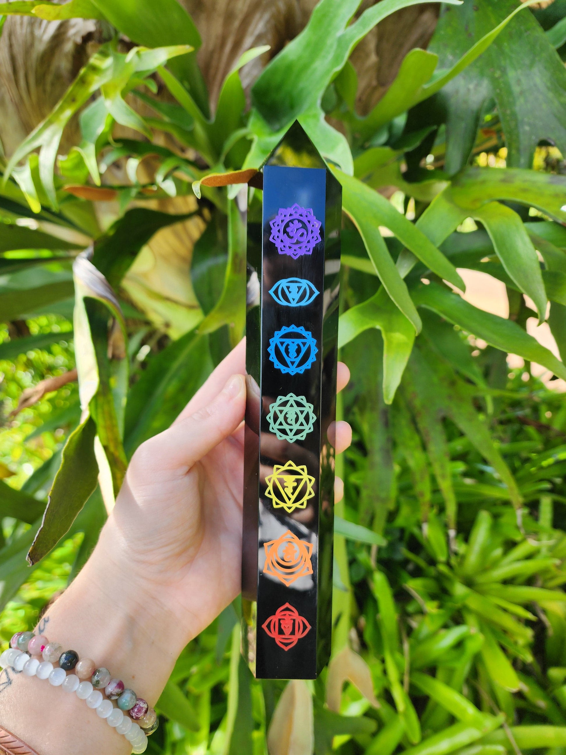 Crystals Large Black Obsidian Etched Chakra Tower Point 26cm