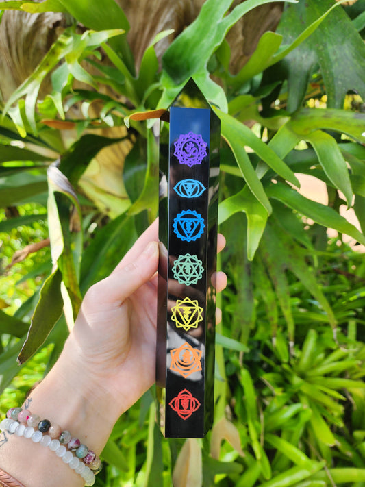 Crystals Large Black Obsidian Etched Chakra Tower Point 26cm