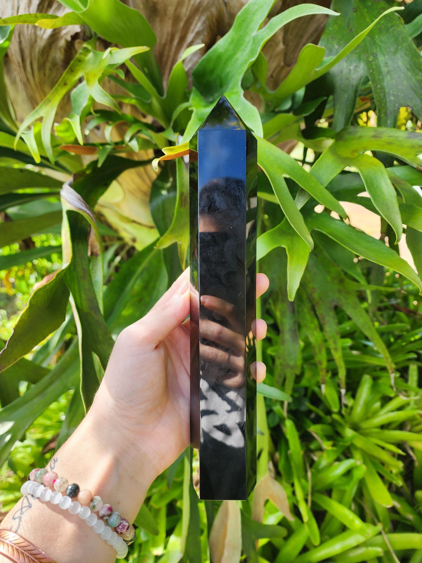 Crystals Large Black Obsidian Etched Chakra Tower Point 26cm