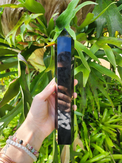 Crystals Large Black Obsidian Etched Chakra Tower Point 26cm