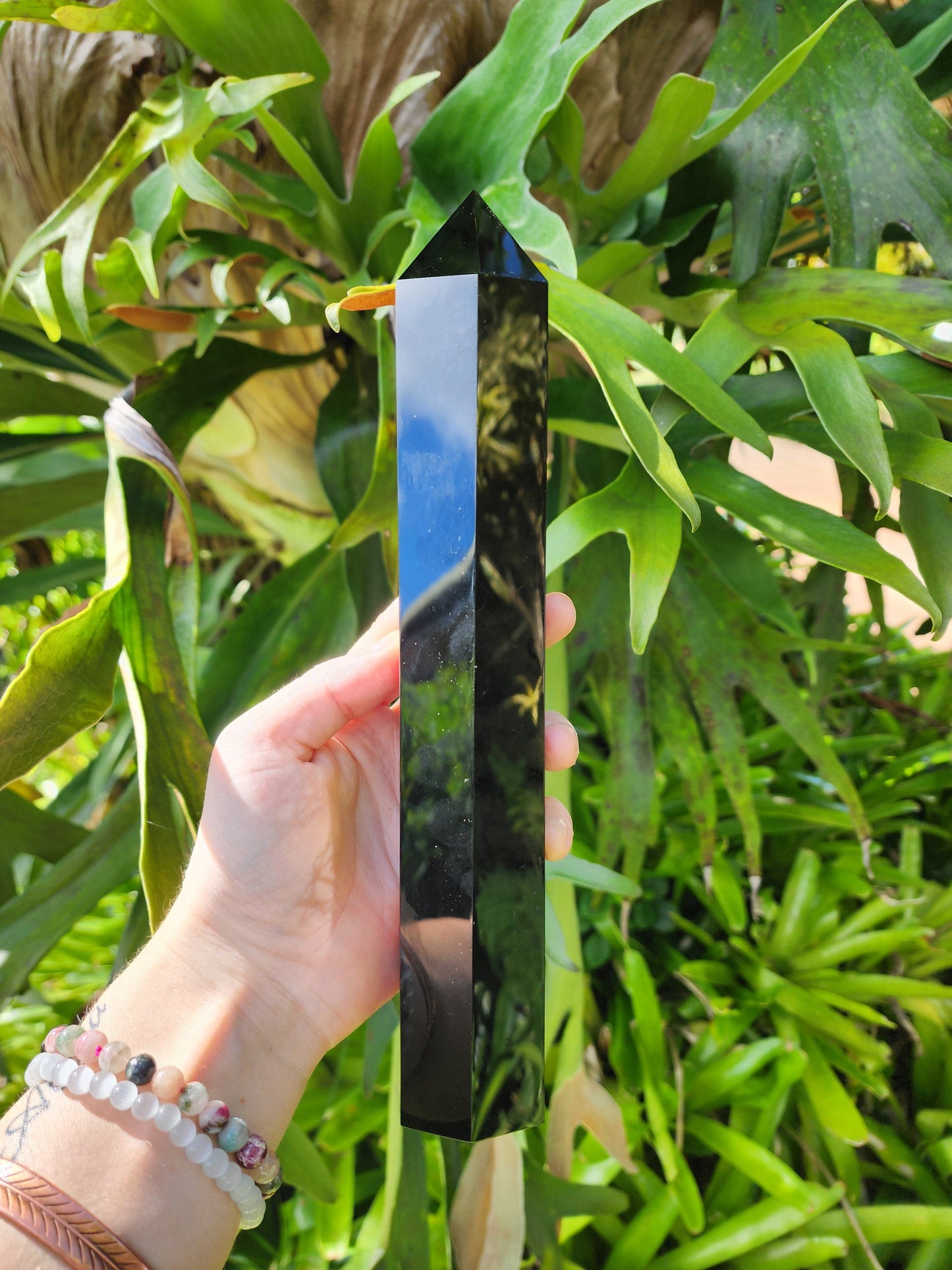 Crystals Large Black Obsidian Etched Chakra Tower Point 26cm