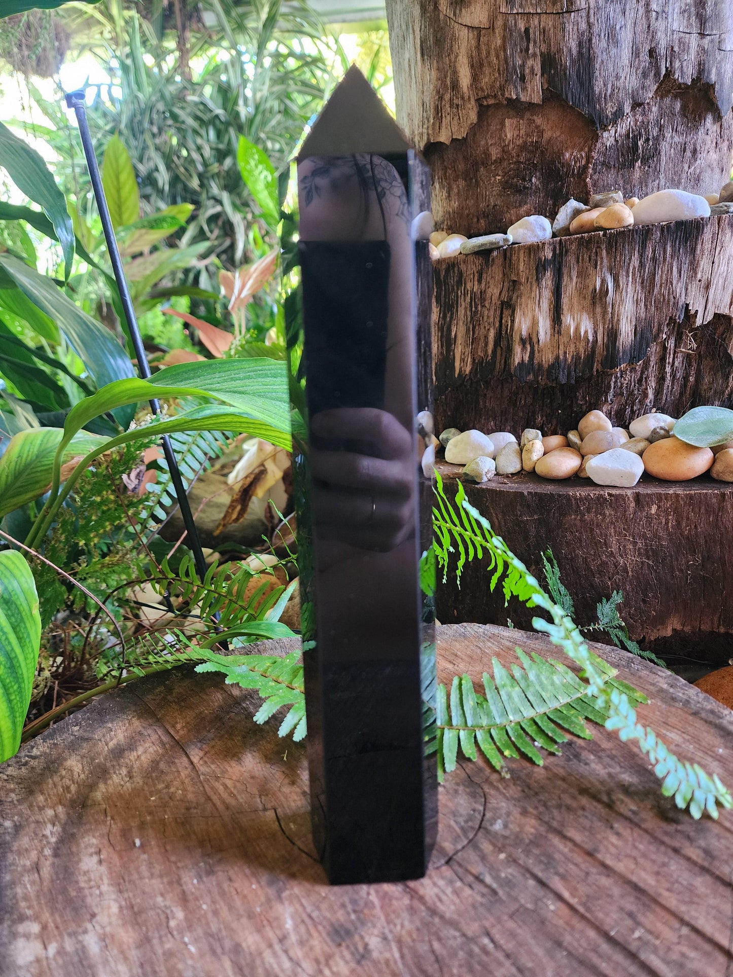 Crystals Large Black Obsidian Etched Chakra Tower Point 26cm