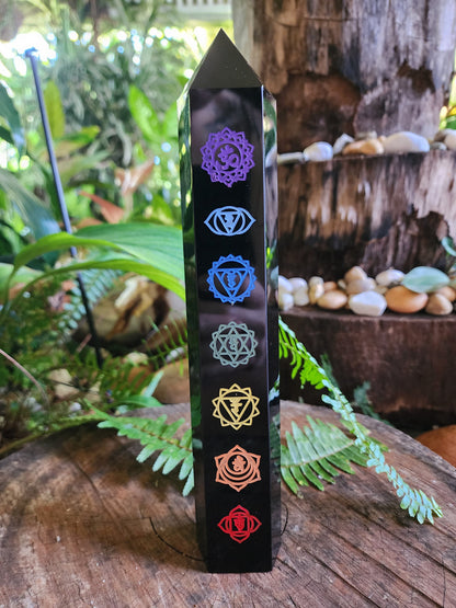 Crystals Large Black Obsidian Etched Chakra Tower Point 26cm