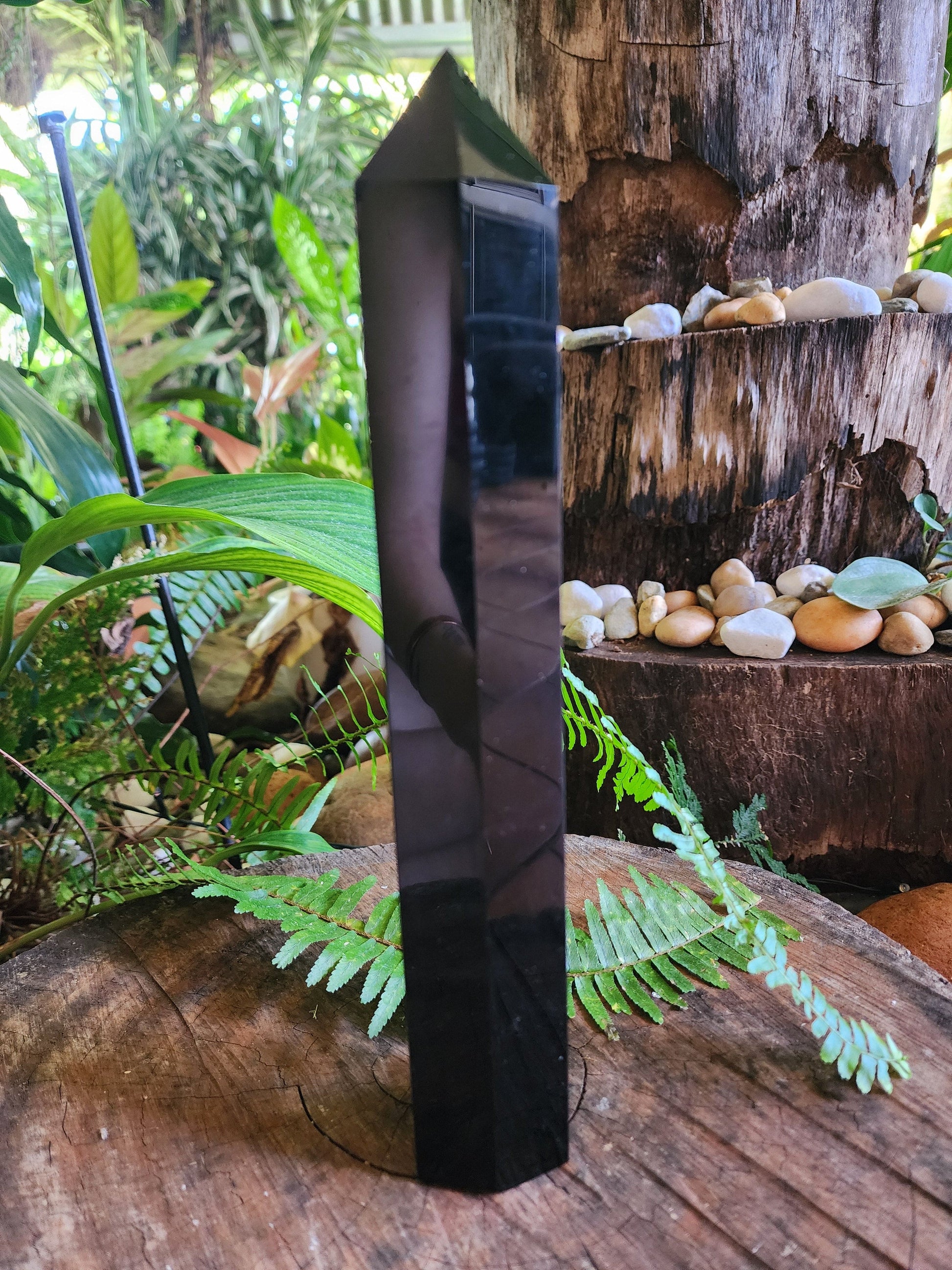 Crystals Large Black Obsidian Etched Chakra Tower Point 26cm