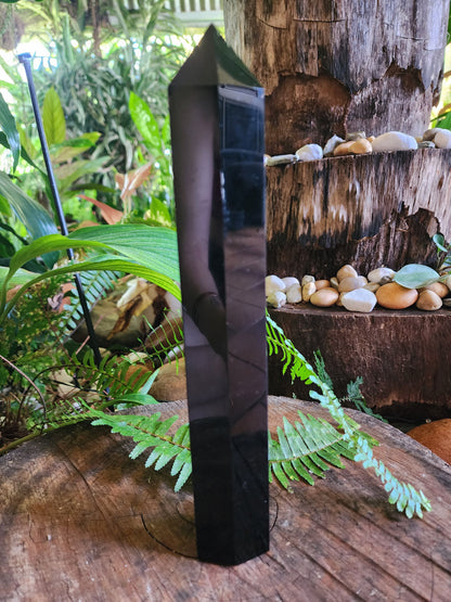 Crystals Large Black Obsidian Etched Chakra Tower Point 26cm