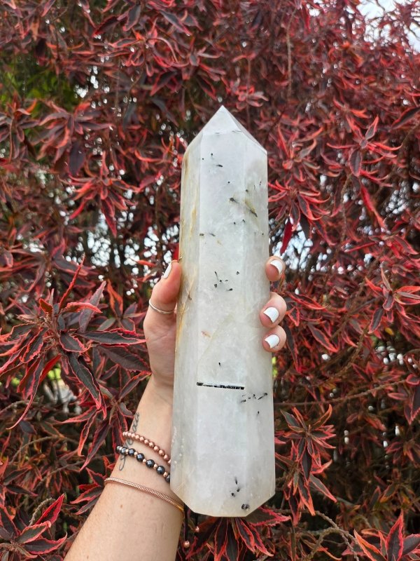 Large Black Tourmaline in Quartz Crystal Tower Point 28cm - Crystals Australia
