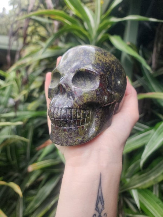 Large Dragon Blood Jasper Crystal Carved Skull 1.2kg - Carving Australia