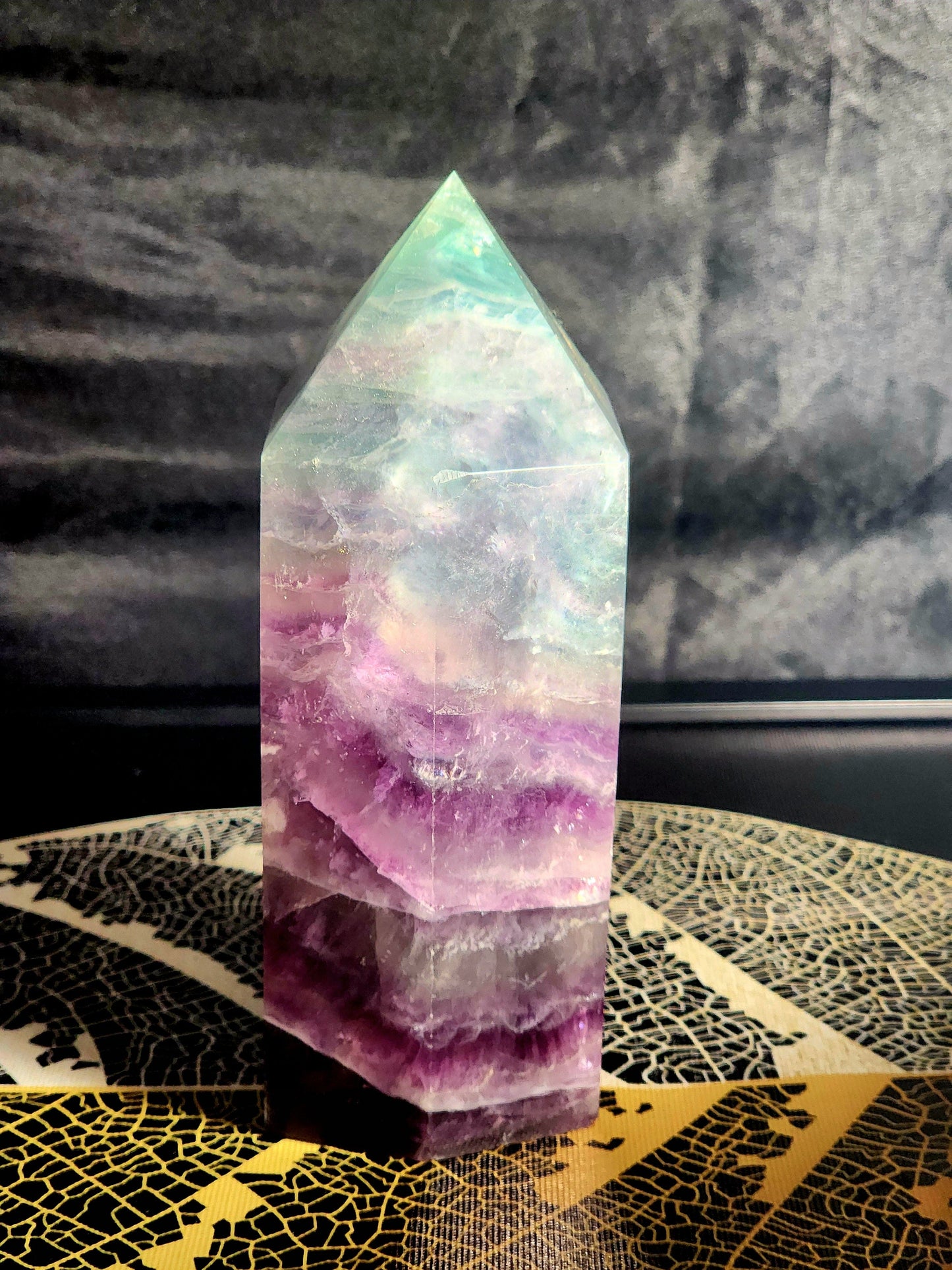 Crystals Large Rainbow Fluorite Crystal Tower Point 1127g