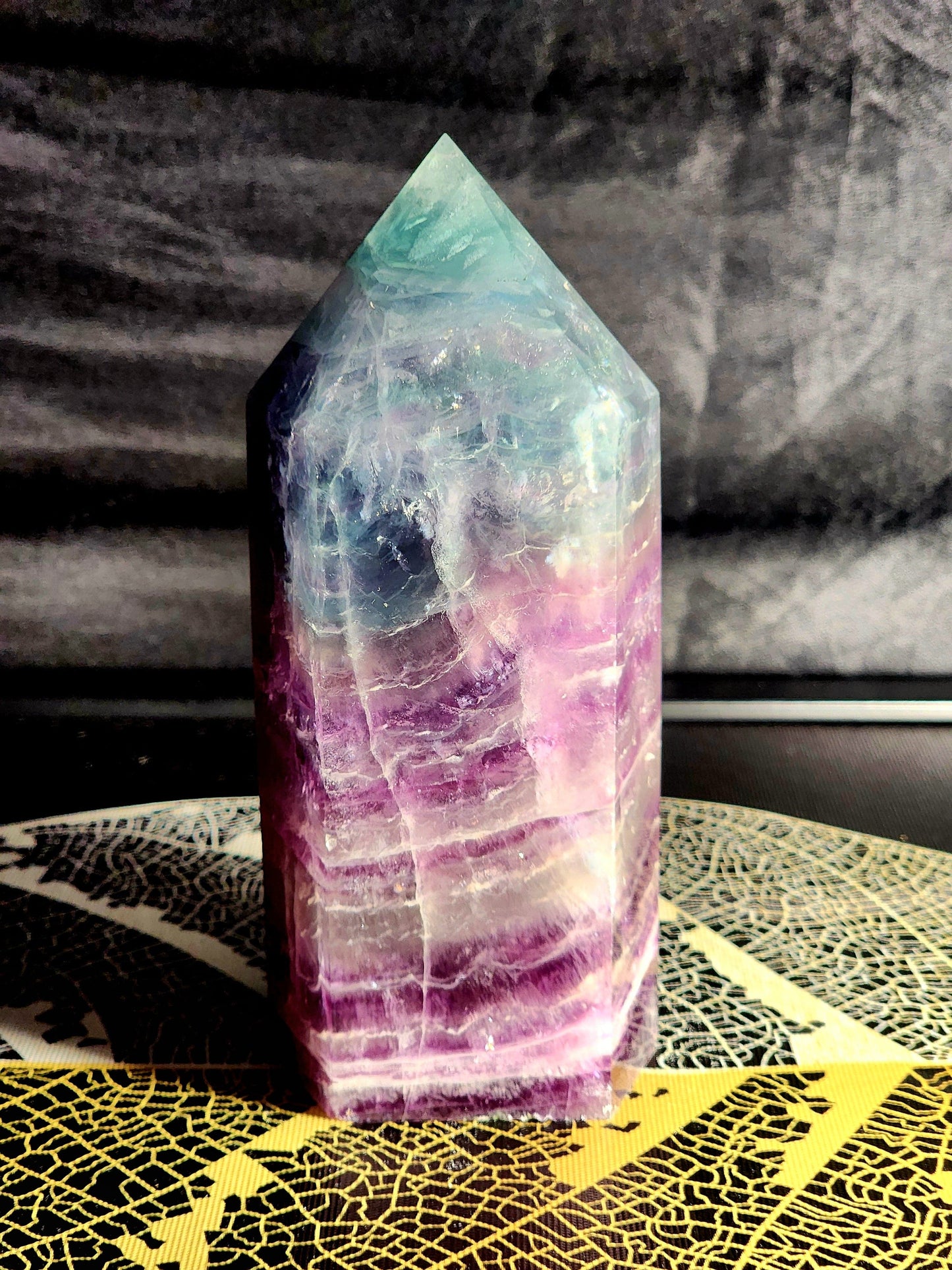 Crystals Large Rainbow Fluorite Crystal Tower Point 1127g