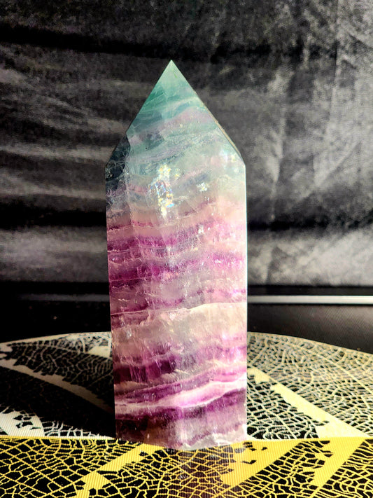 Crystals Large Rainbow Fluorite Crystal Tower Point 1127g