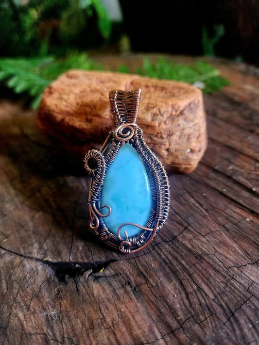 Larimar Copper Wire Wrap Pendant Necklace - Copper Wire Wrap Crystal Australia