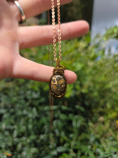 Jewellery Leopard Skin Jasper Copper Wire Wrapped Pendant Necklace Bronze