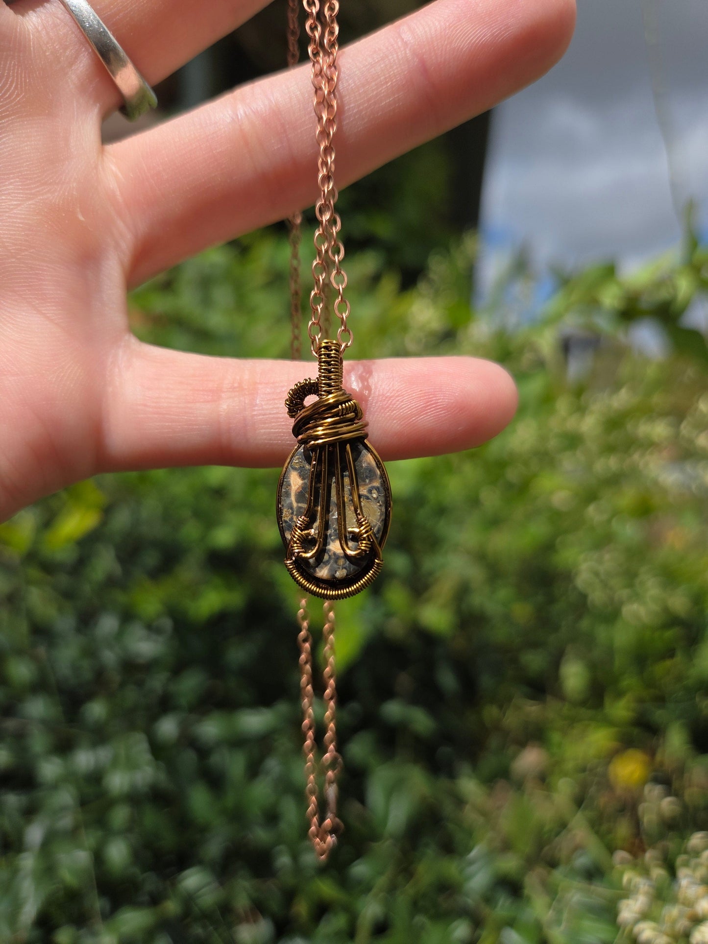 Jewellery Leopard Skin Jasper Copper Wire Wrapped Pendant Necklace Bronze