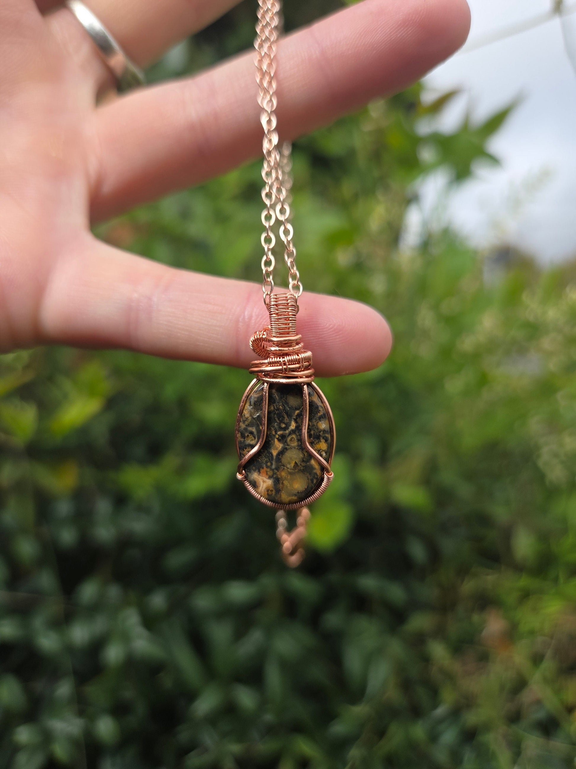 Jewellery Leopard Skin Jasper Copper Wire Wrapped Pendant Necklace