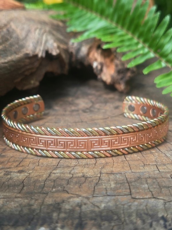 Magnetic Pure Copper Bracelet - Greek Key Twisted Tricolour - Jewellery Australia