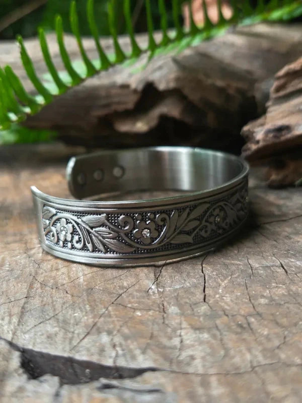 Magnetic Pure Copper Bracelet Silver Toned - Floral - Jewellery Australia