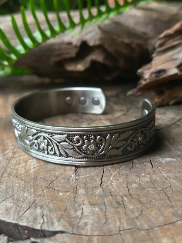 Magnetic Pure Copper Bracelet Silver Toned - Floral - Jewellery Australia