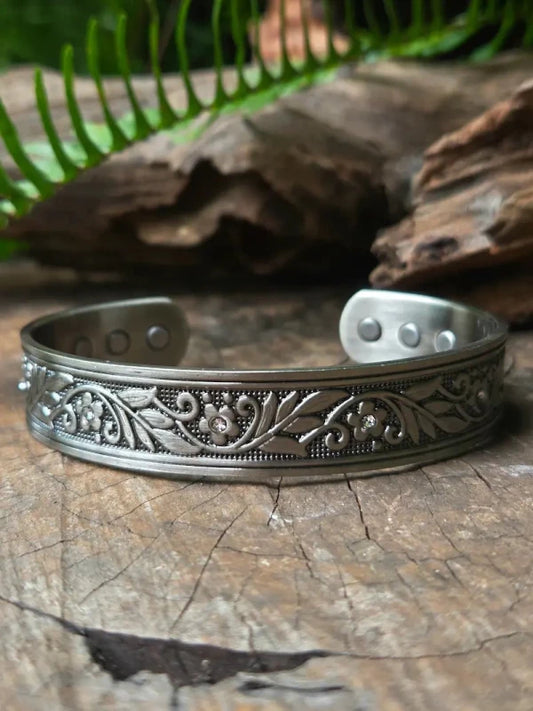 Magnetic Pure Copper Bracelet Silver Toned - Floral - Jewellery Australia