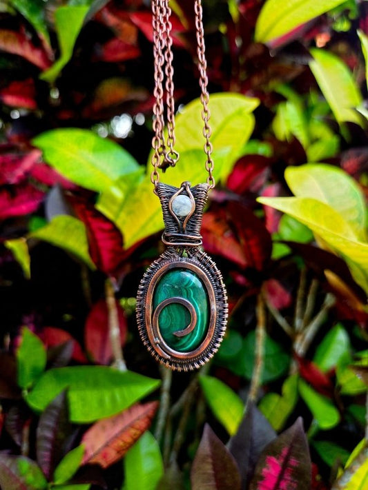 Malachite Copper Wire Wrapped Crystal Pendant Necklace - Jewellery Australia