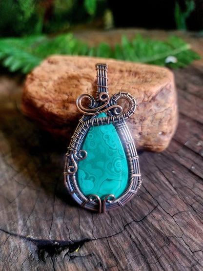 Malachite Copper Wire Wrapped Handmade Pendant - Copper Wire Wrap Crystal Australia