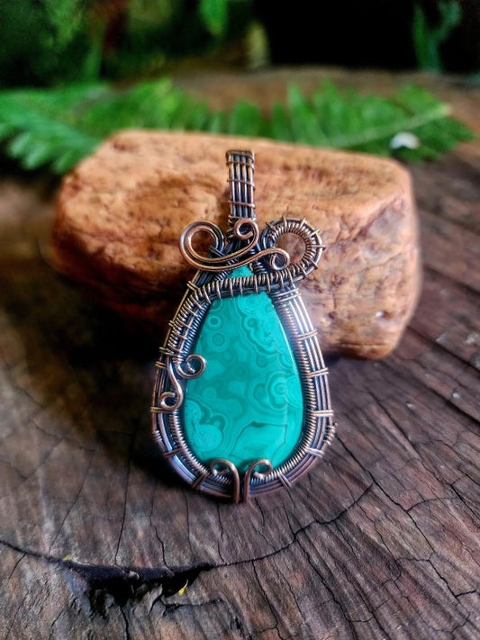 Malachite Copper Wire Wrapped Handmade Pendant - Copper Wire Wrap Crystal Australia