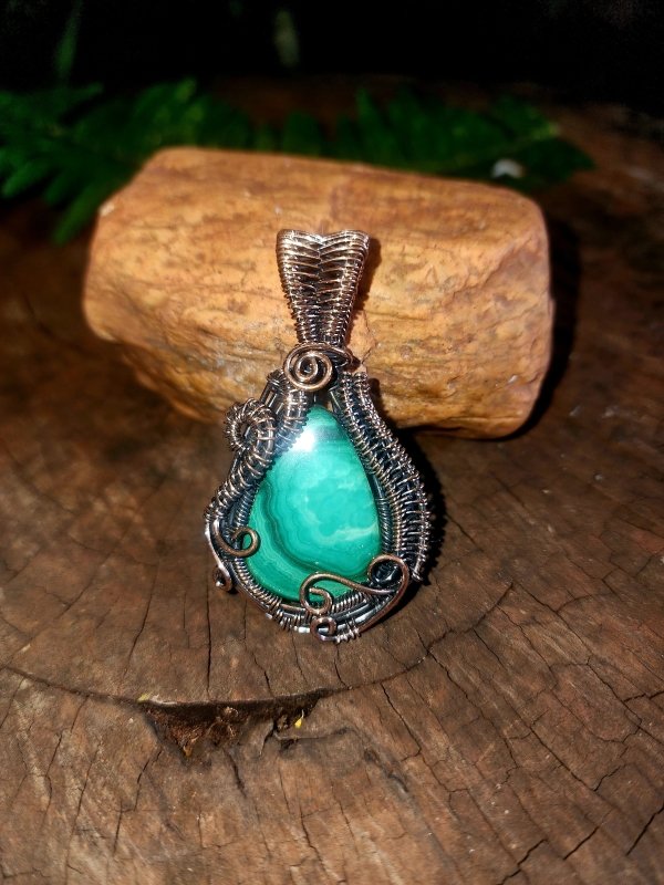 Malachite Copper Wire Wrapped Handmade Pendant - Copper Wire Wrap Crystal Australia