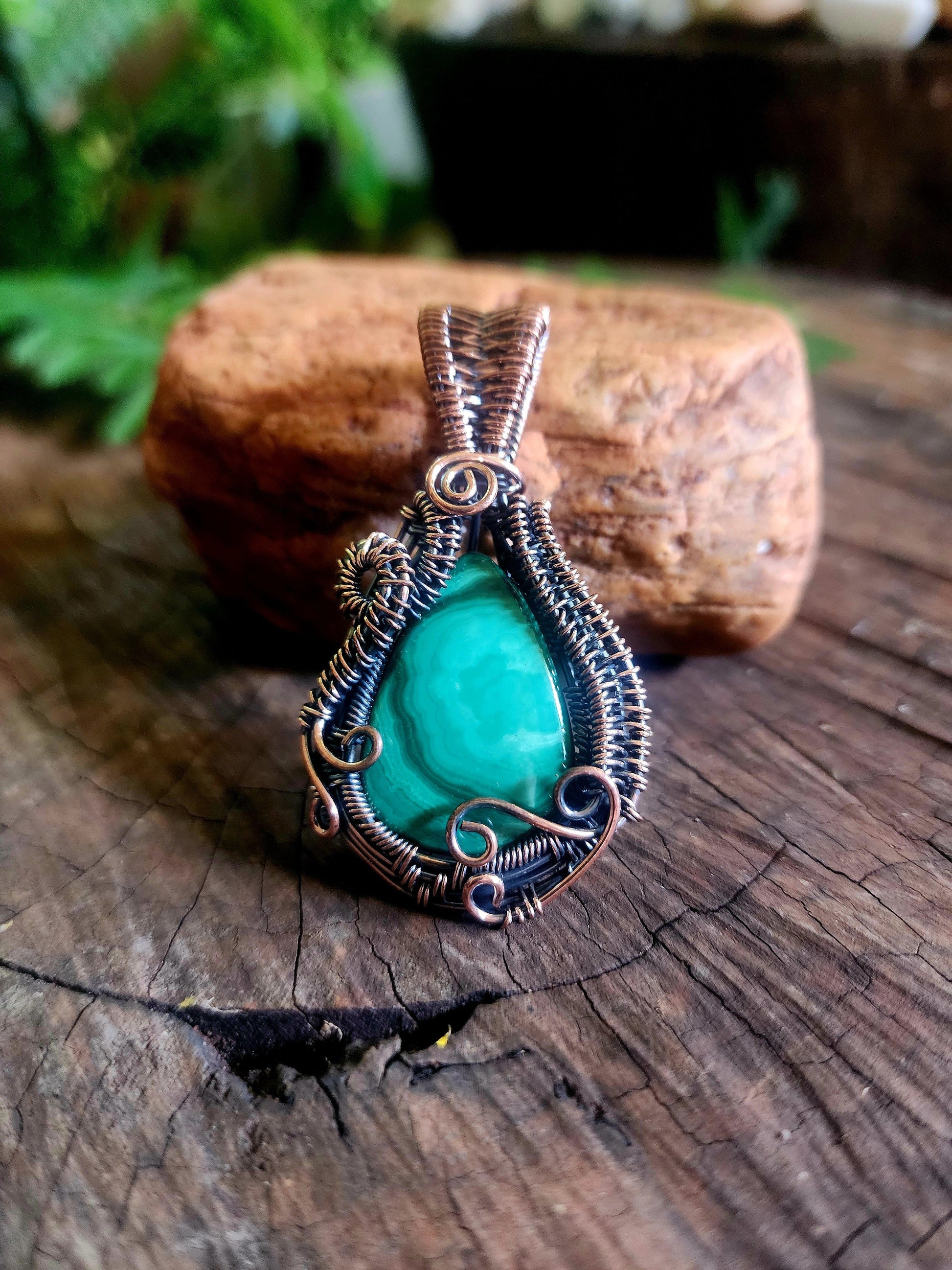 Copper Wire Wrap Crystal Malachite Copper Wire Wrapped Handmade Pendant