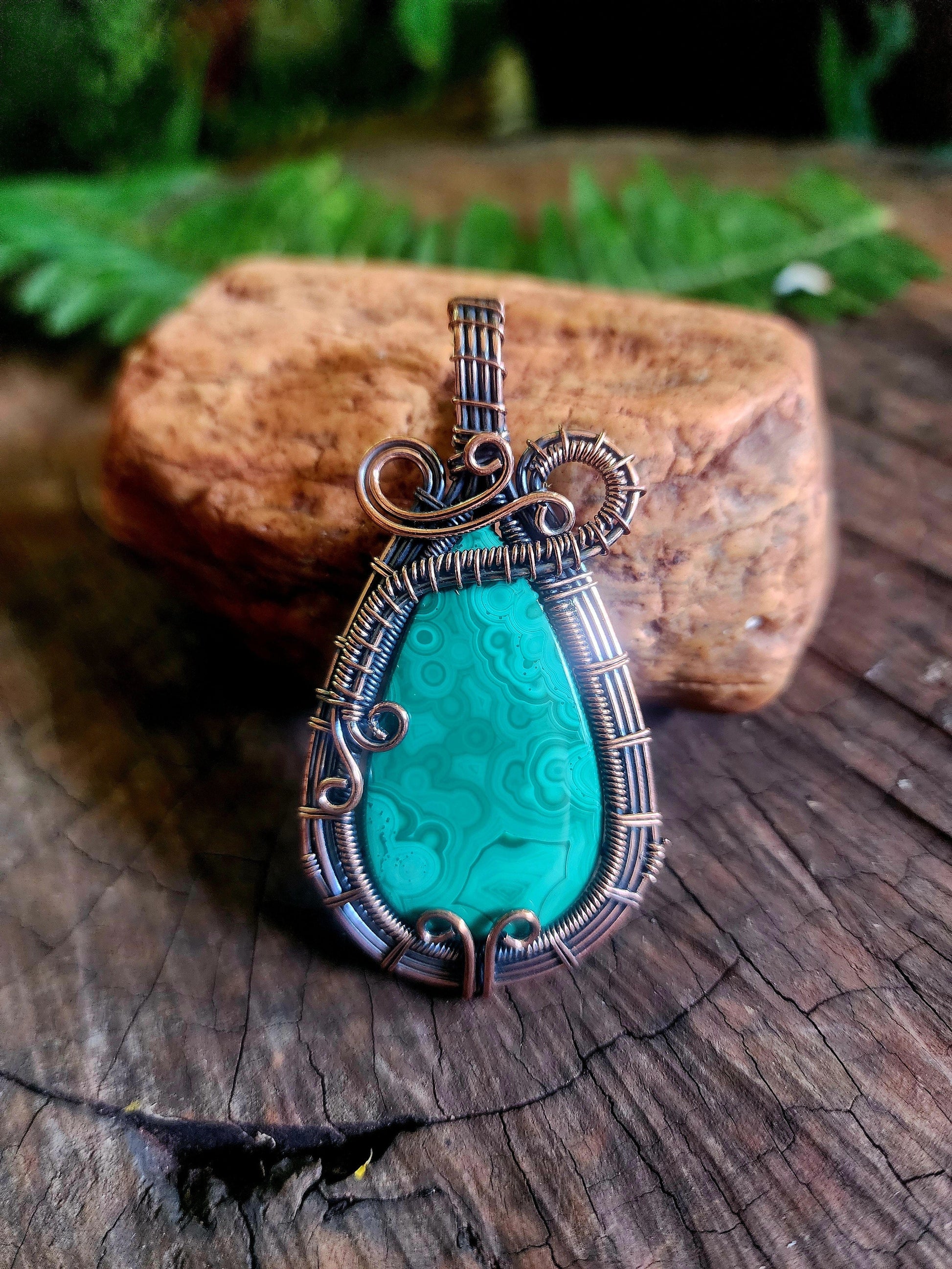 Copper Wire Wrap Crystal Malachite Copper Wire Wrapped Handmade Pendant