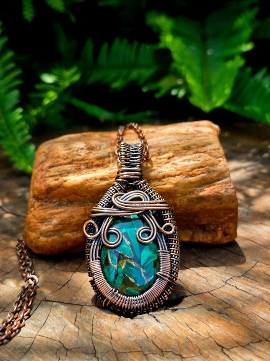 Malachite Crystal Copper Wire Wrapped Handmade Pendant Necklace - Jewellery Australia