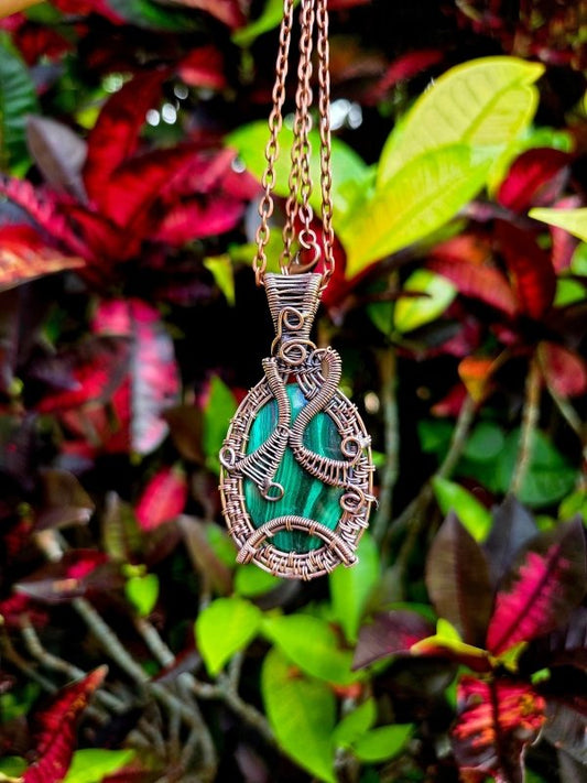 Malachite Crystal Copper Wire Wrapped Pendant Necklace - Jewellery Australia