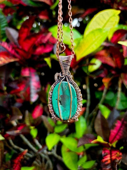 Malachite Crystal Copper Wire Wrapped Pendant Necklace - Jewellery Australia