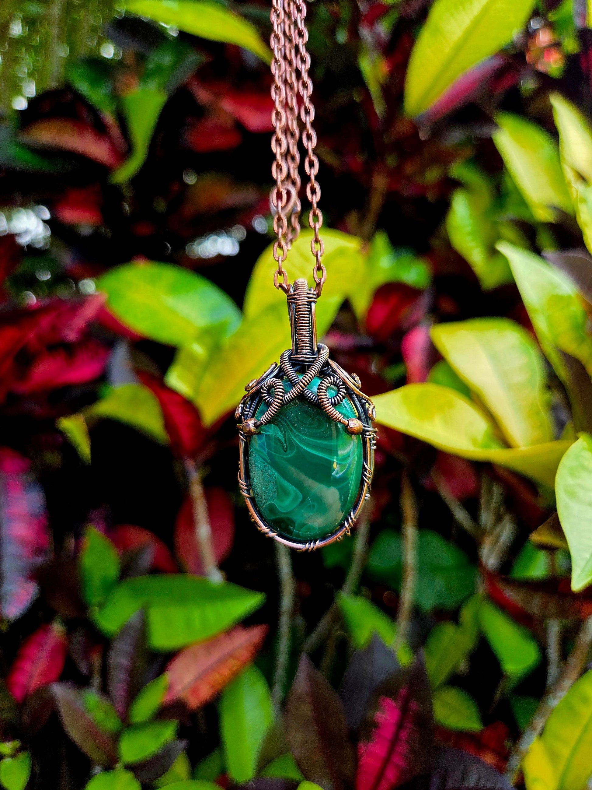 Jewellery Malachite Crystal Copper Wire Wrapped Pendant Necklace