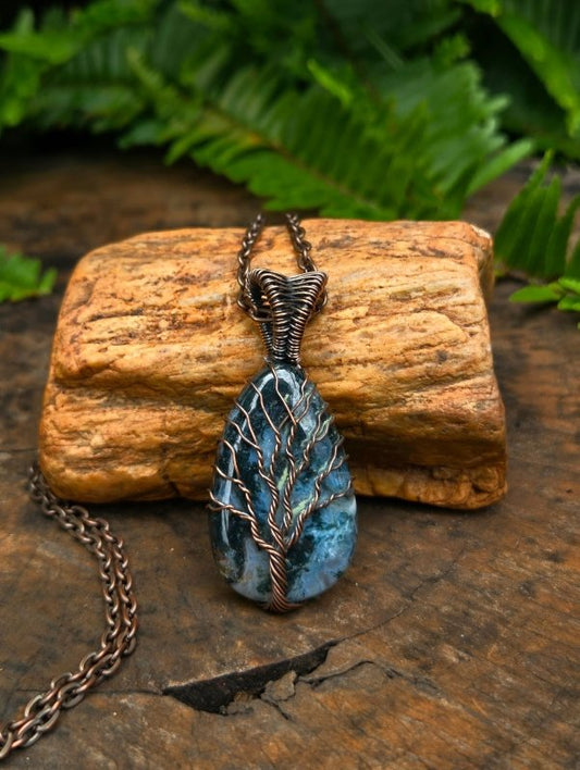 Moss Agate Copper Wire Wrap Handmade Pendant Necklace - Jewellery Australia
