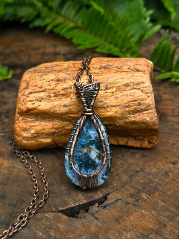 Moss Agate Copper Wire Wrap Handmade Pendant Necklace - Jewellery Australia