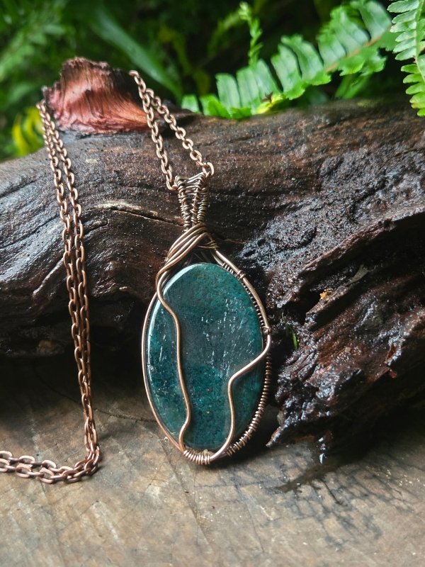 Moss Agate Copper Wire Wrapped Handmade Pendant Necklace - Jewellery Australia