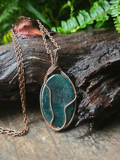 Moss Agate Copper Wire Wrapped Handmade Pendant Necklace - Jewellery Australia