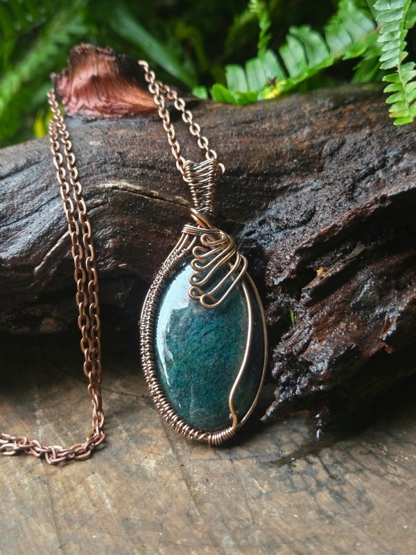 Moss Agate Copper Wire Wrapped Handmade Pendant Necklace - Jewellery Australia