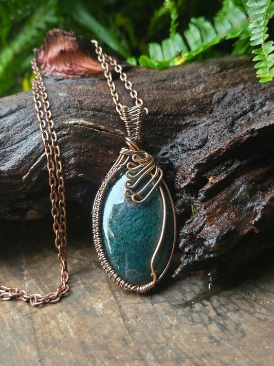 Moss Agate Copper Wire Wrapped Handmade Pendant Necklace - Jewellery Australia