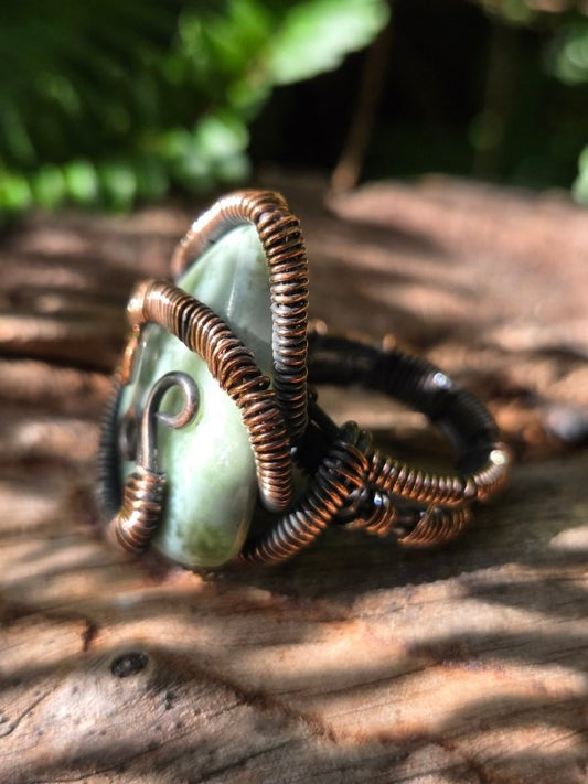 Moss Agate Copper Wire Wrapped Ring - Jewellery Australia