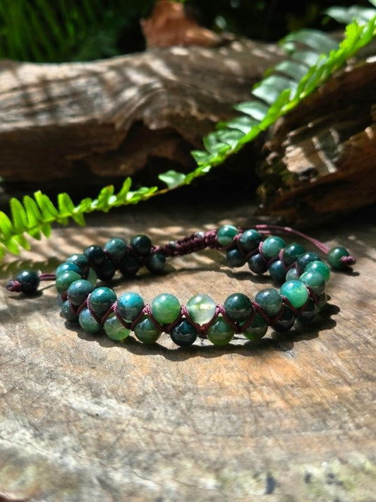 Moss Agate Crystal Bracelet – Adjustable 6mm Beaded Macrame - Jewellery Australia