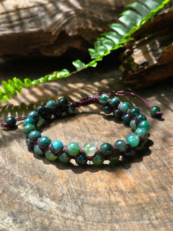 Moss Agate Crystal Bracelet – Adjustable 6mm Beaded Macrame - Jewellery Australia