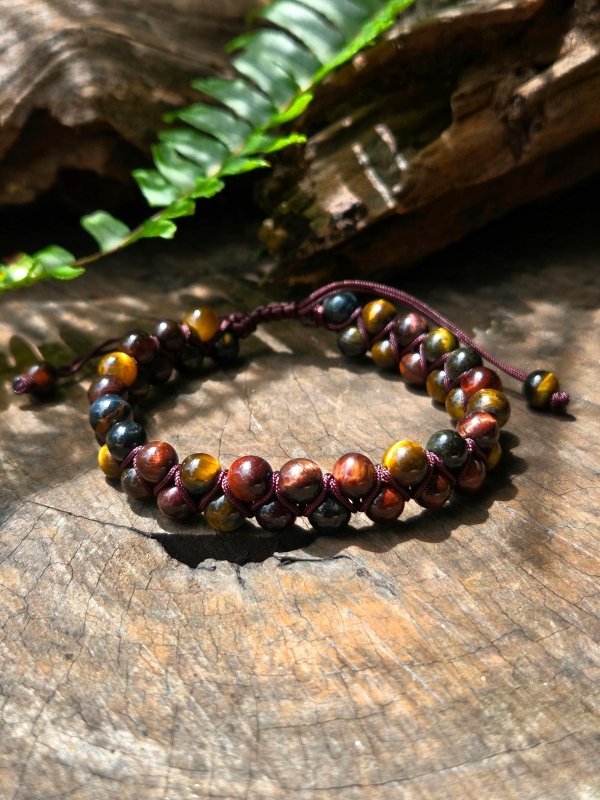 Multi Tiger's Eye Crystal Bracelet – Adjustable 6mm Beaded Macrame - Jewellery Australia