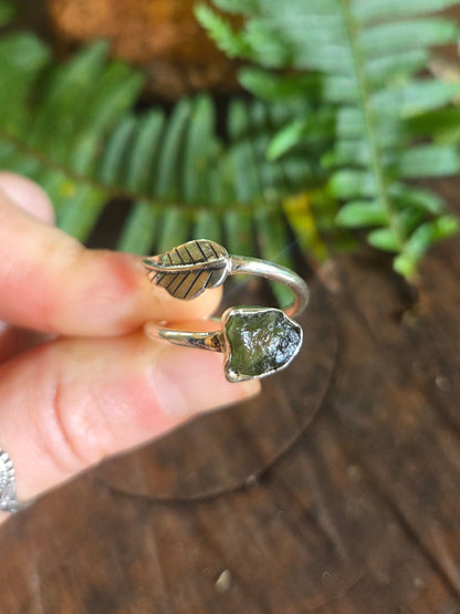 Jewellery Natural Moldavite Adjustable Leaf Ring 925 Silver