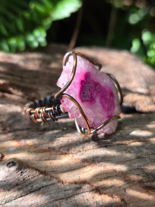 Pink Druzy Agate Copper Wire Wrapped Ring - Jewellery Australia