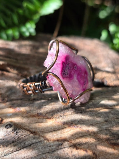 Pink Druzy Agate Copper Wire Wrapped Ring - Jewellery Australia