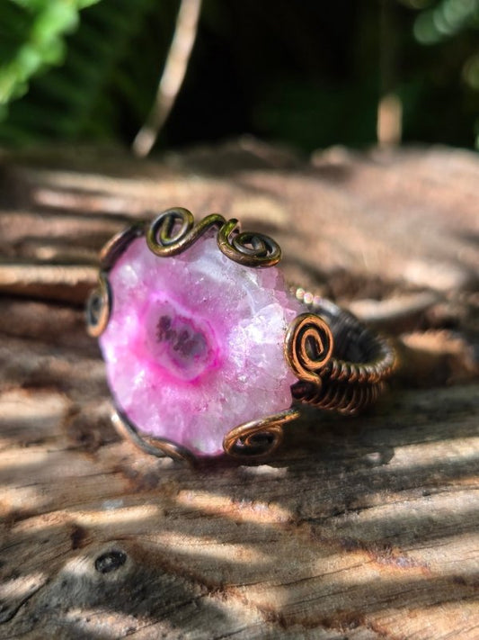 Pink Druzy Agate Copper Wire Wrapped Ring - Jewellery Australia