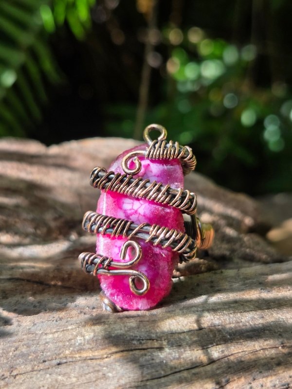 Pink Druzy Agate Copper Wire Wrapped Ring - Jewellery Australia