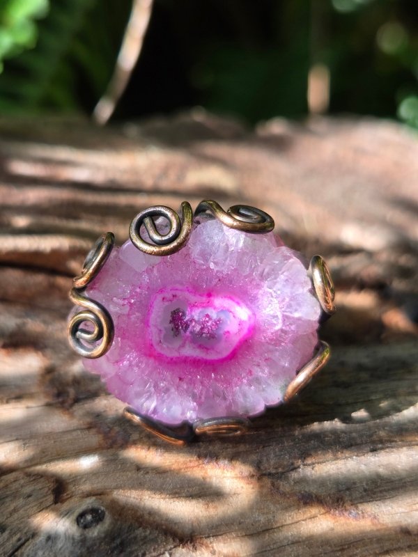 Pink Druzy Agate Copper Wire Wrapped Ring - Jewellery Australia