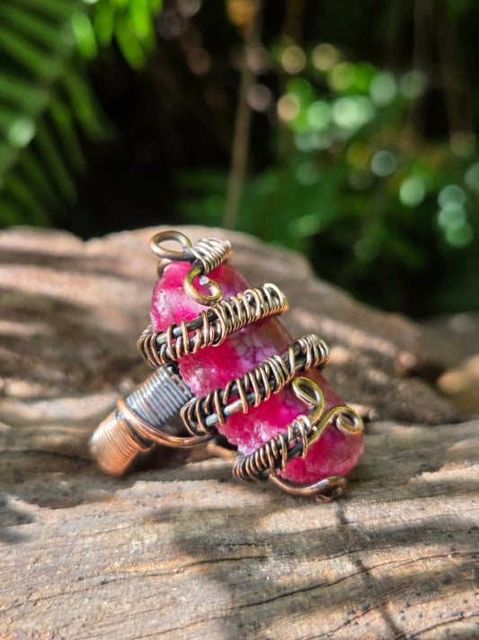 Pink Druzy Agate Copper Wire Wrapped Ring - Jewellery Australia